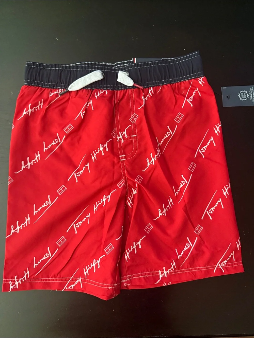 Tommy Hilfiger Red Logo-Print Kids Swim Shorts with Navy Waistband